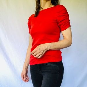 Anthropologie ruched sleeve red tee button detail size XS